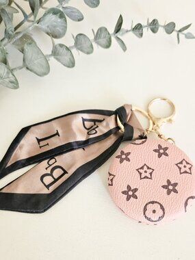 Portable Compact Mirror Keychain w/Ribbon - Pink/Brown - S/H Discount